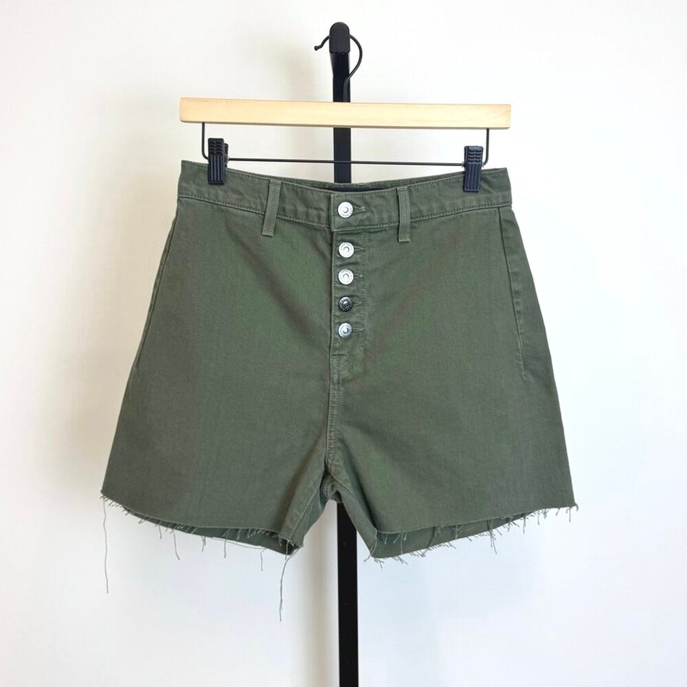 VERONICA BEARD Green Denim Shorts 28 Cotton Silver Button Up Military Bottoms